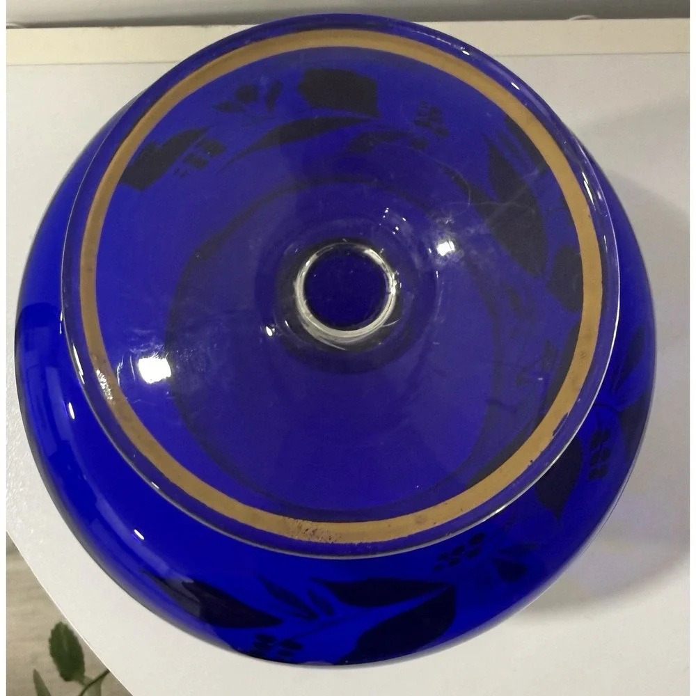 Bohemian Czech Cobalt Blue Cut To Clear Hand Painted Floral Dish Gold Trim
